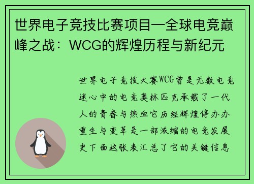 世界电子竞技比赛项目—全球电竞巅峰之战：WCG的辉煌历程与新纪元